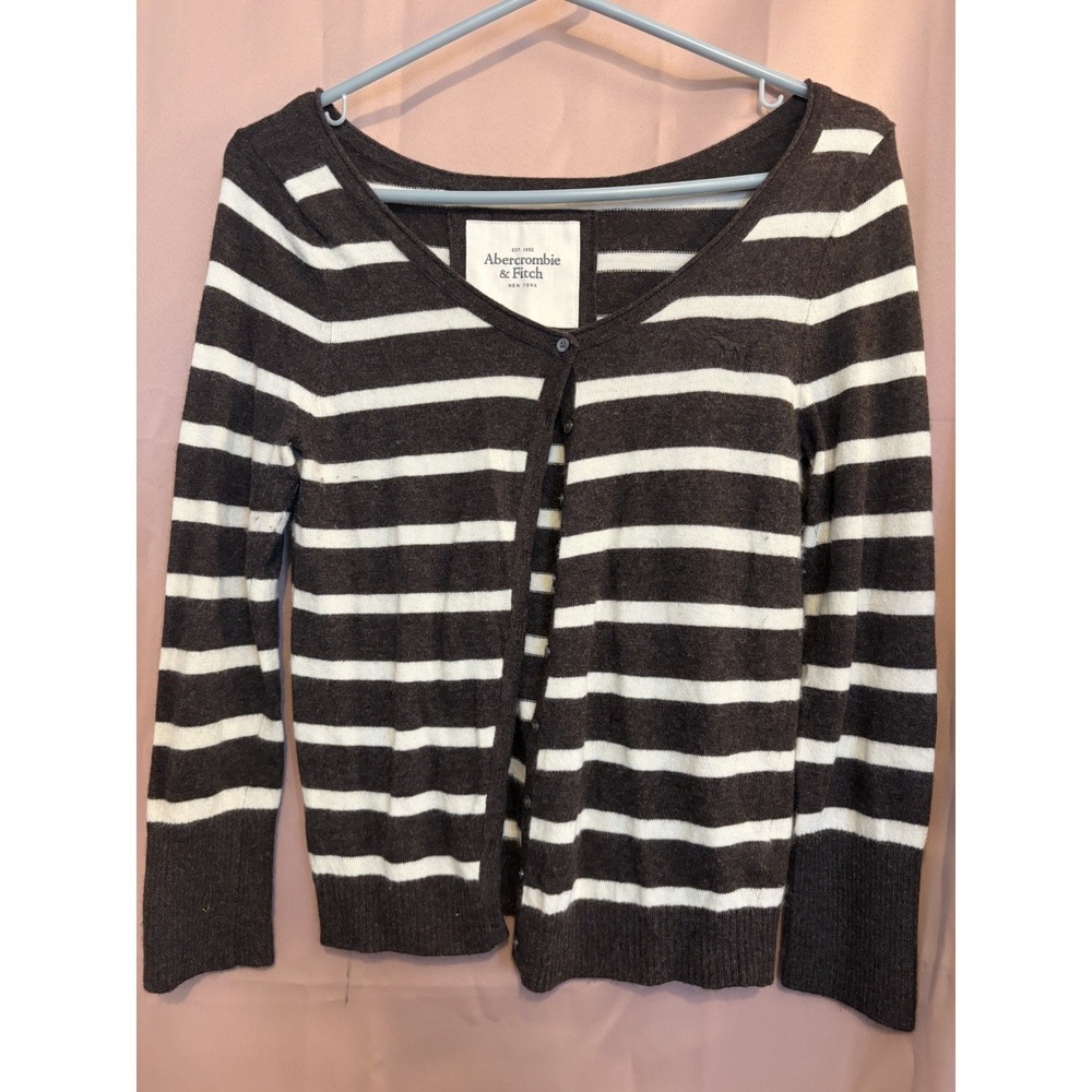 Abercrombie & Fitch Brown Striped Cardigan Y2K Rabbit Hair Sweater Women Large